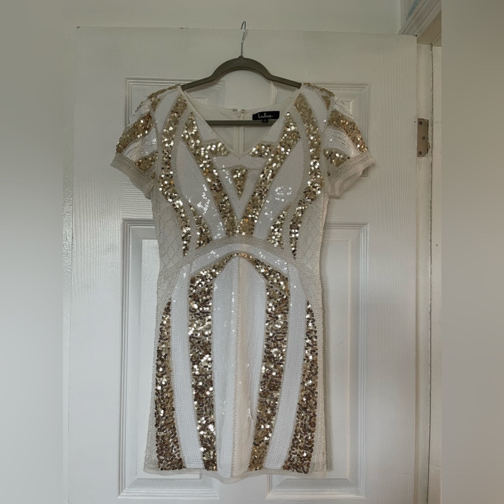 Gold and white sequined dress